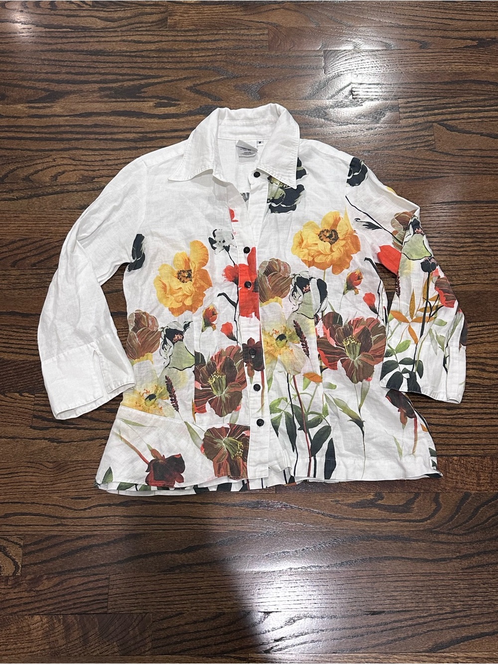 Finley White Floral Button-Up Shirt with Yellow & Red Blooms